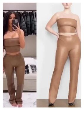 Skims XS Faux-Leather Pants ASO Kim Kardashian high waist boot cut